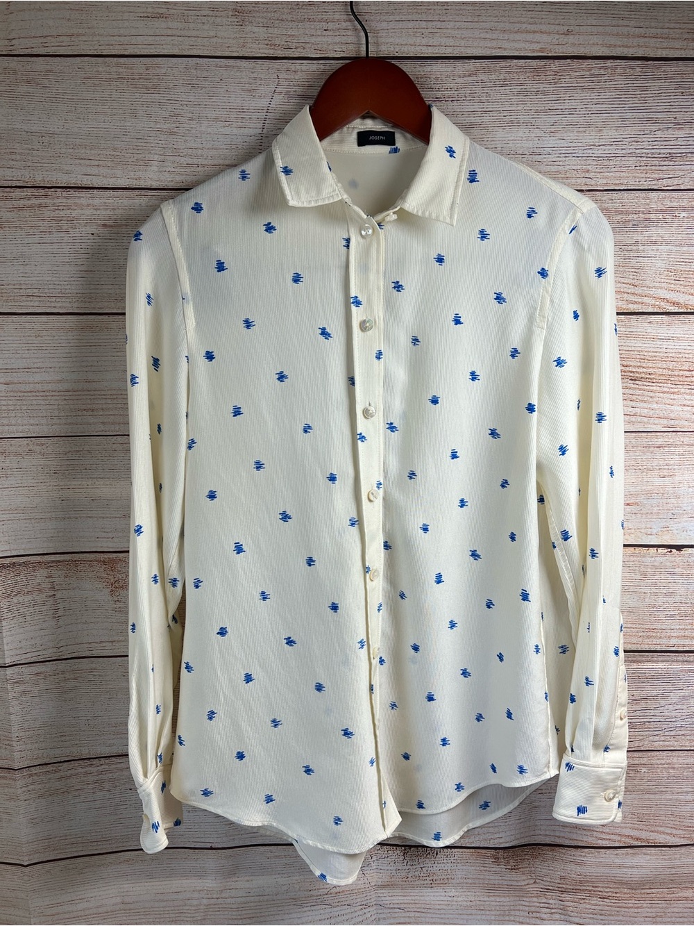 JOSEPH Silk Garcon Button-Up Blouse Sz 34 2 Ivory Scribble-Spot Blue Classic Fit